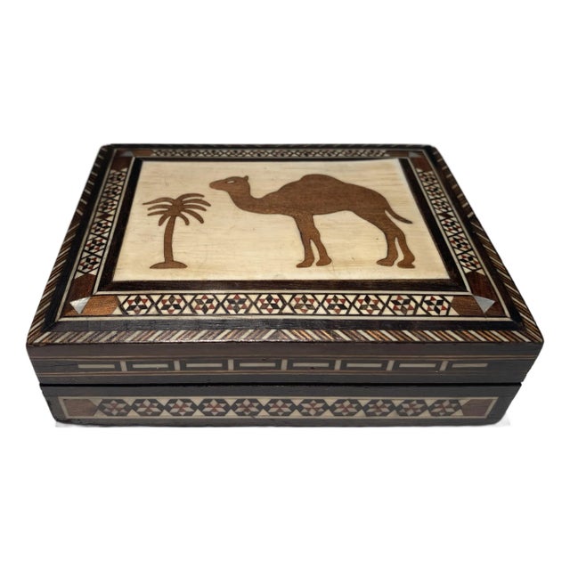 Vintage Marquetry Box With Mother-of Pearl Camel and Palm Tree For Sale
