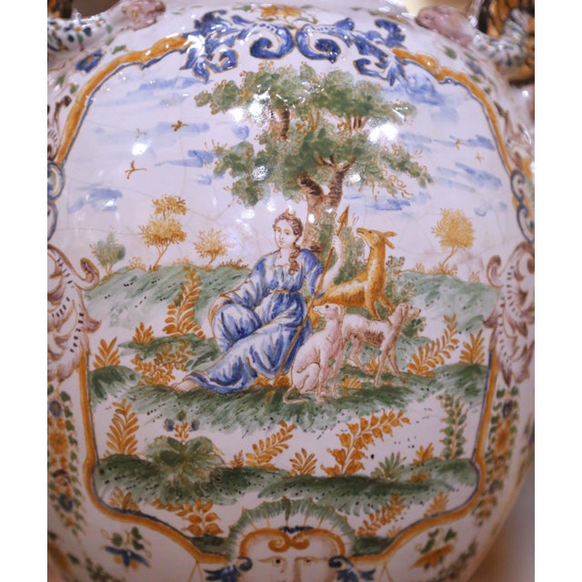 Ceramic Pair of 19th Century French Moustiers Faience Vases With Ram’s Head Handles For Sale - Image 7 of 12