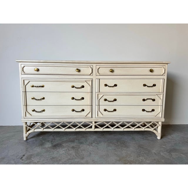 1970s Vintage Ficks Reed Rattan and Faux Bamboo Eight Drawer Dresser/Sold For Sale - Image 5 of 12