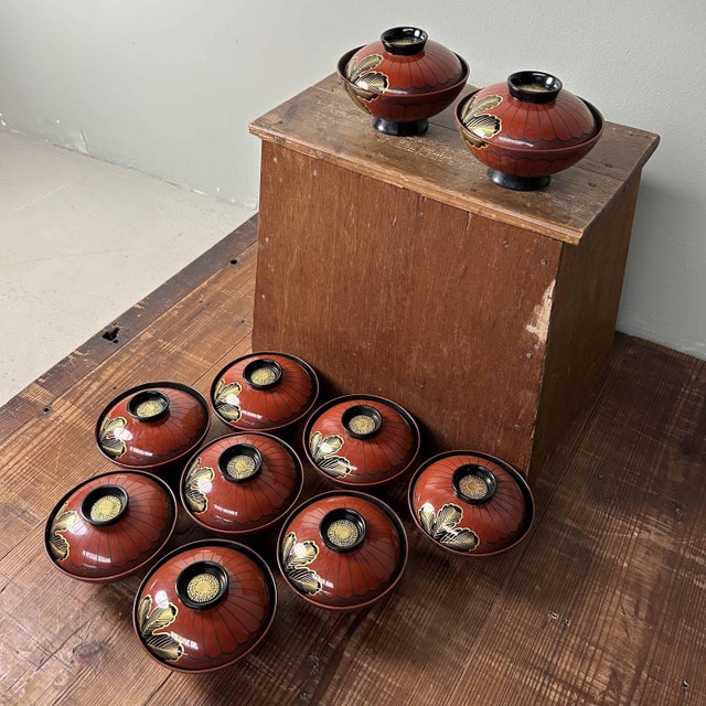 Wood Shōwa Period Wajima-Nuri Owan Serving Bowls, Japan, 1970s, Set of 10 For Sale - Image 7 of 18