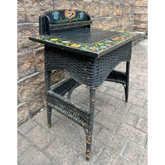 Wood Antique 1940’s Pennsylvania Dutch Wicker and Wood Writing Desk With Handpainted Hex Signs For Sale - Image 7 of 9
