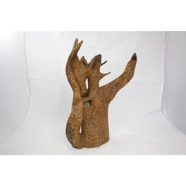 Hand-carved solid wooden tree sculpture. No maker's mark. Minimal age wear.
