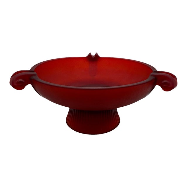 1930s Depression Period Red Frosted Glass Footed Ashtray For Sale