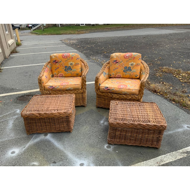 Late 20th Century 20th Century Kreiss Pair of Wicker Chairs and Ottomans For Sale - Image 5 of 11