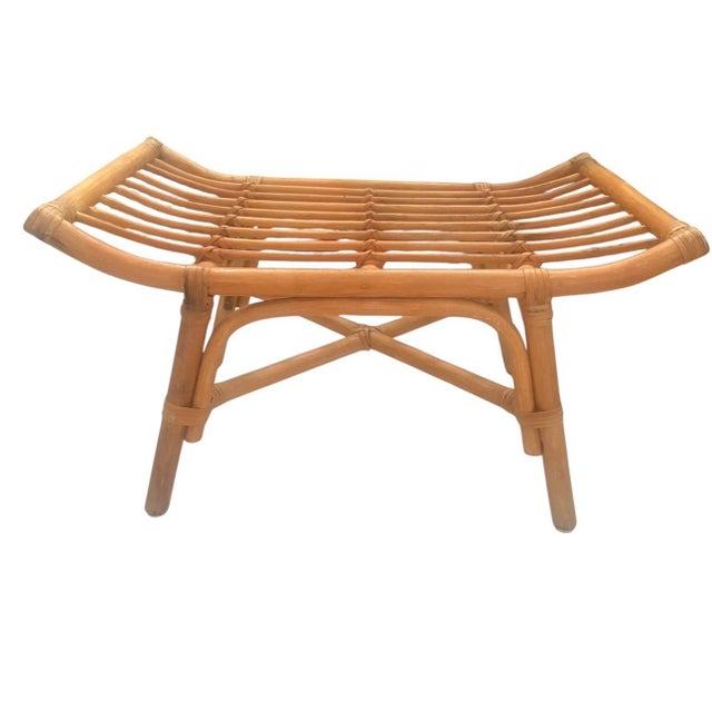 1970s Bentwood Bamboo & Rattan Saddle Bench Stool Ottoman For Sale - Image 5 of 9