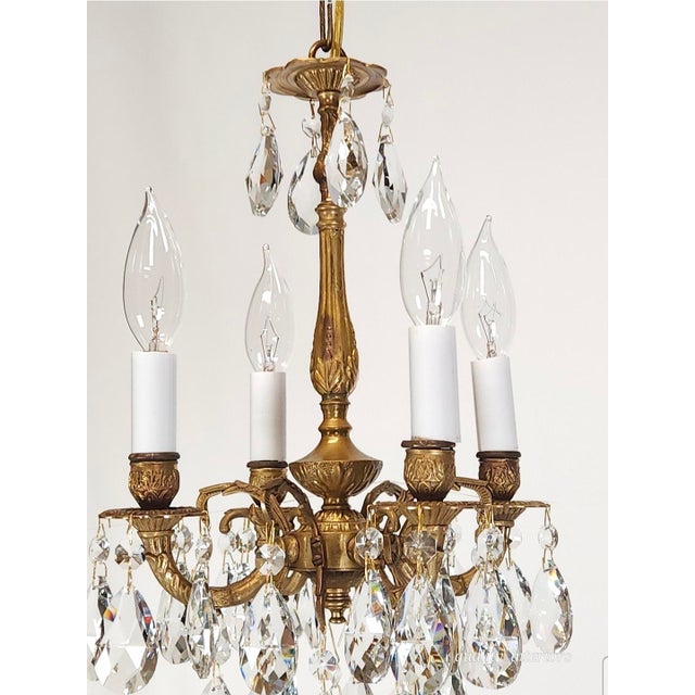 Antique 4 Arm 4 Light Glowing Graceful Brass Cut Lead Glass Crystal Chandelier ~ 4 Available For Sale - Image 4 of 11