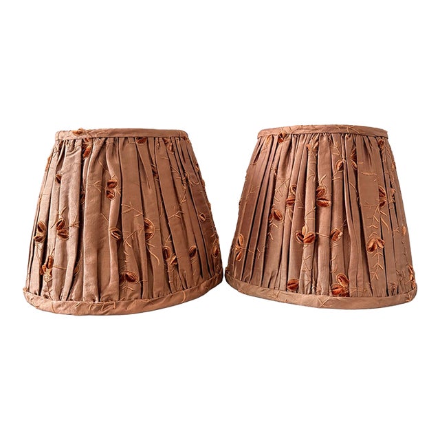 Pair of Vintage That Shady Lady Burnt Orange Pleated Silk Embroidered Lamp Shades For Sale