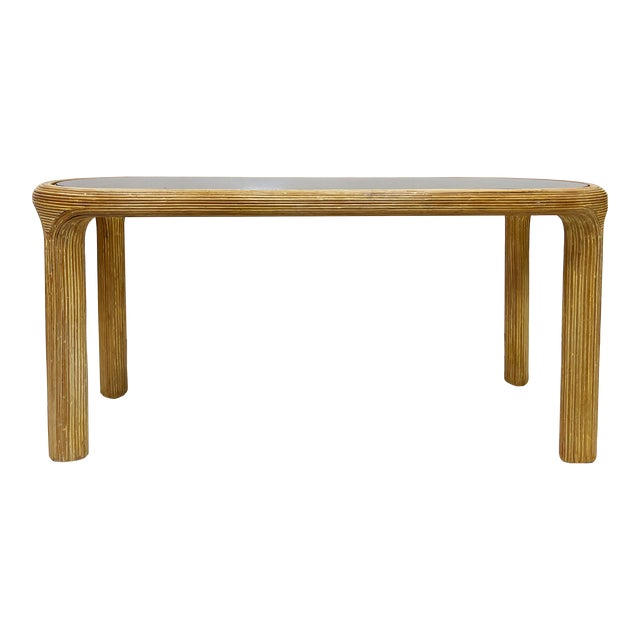 Vintage Pencil Reed Coastal Console Table, Inset Glass Top For Sale