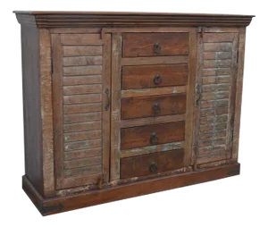 Solid Reclaimed Teak Wood Furniture Cabinet With 5 Drawers & 2 Doors