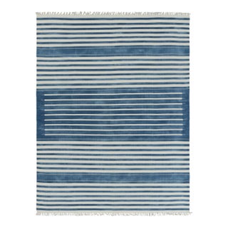 Rug & Kilim's Contemporary Dhurrie Rug in Dark Blue and White Stripes - 14x20 For Sale