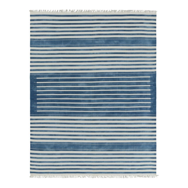 Rug & Kilim's Contemporary Dhurrie Rug in Dark Blue and White Stripes - 14x20 For Sale