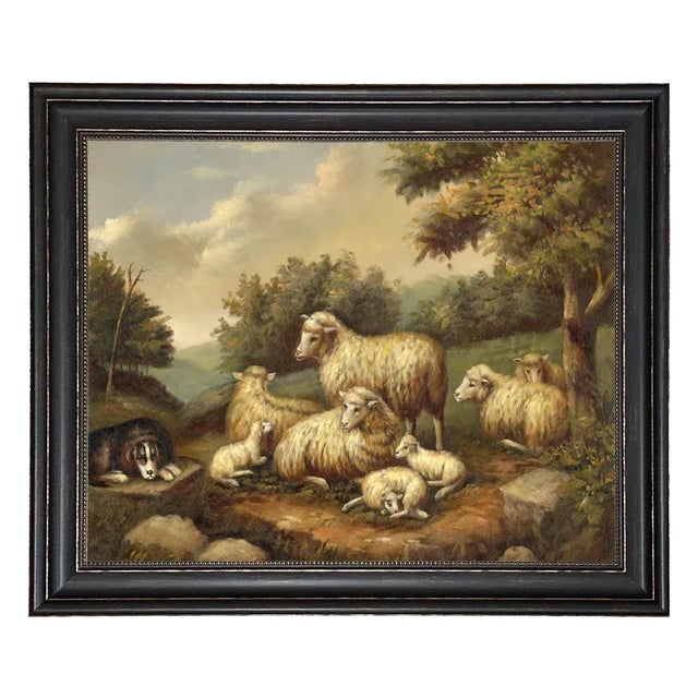 Not Yet Made - Made To Order "Sheep in Landscape" Contemporary Reproduction Print on Canvas, Distressed Black Frame For Sale - Image 5 of 5