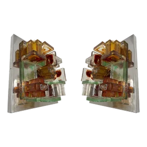 Pair of Geometry Glass Construction Metal Sconces by Poliarte, Italy, 1970s