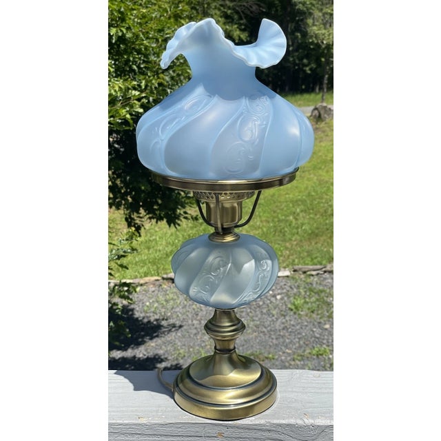 Celestial Nonesuch For Sale Today: RARE Vintage Ice Blue Satin Frost Fenton Paisley Glass Table Lamp 20th C. Overall, good...