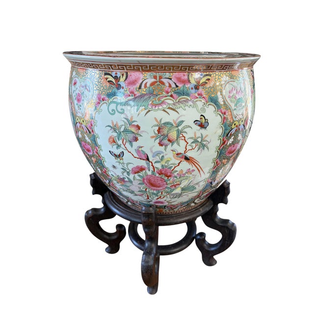 1940s Vintage Rose Medallion Jardiniere/Cache Pot /Planter W/Stand 23" H For Sale - Image 5 of 10