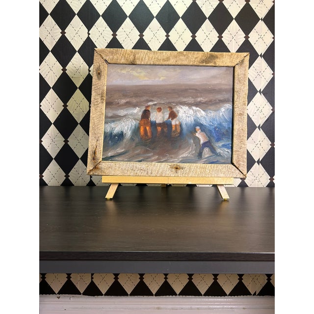 1990s Original Coastal Figural Seascape Oil Painting in Rustic Wood Frame, 18" For Sale - Image 15 of 16