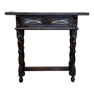 Early 20th Narrow Catalan Spanish Carved Walnut Console Table With Drawer For Sale