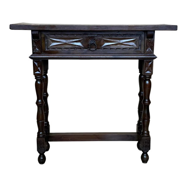 Early 20th Narrow Catalan Spanish Carved Walnut Console Table With Drawer For Sale