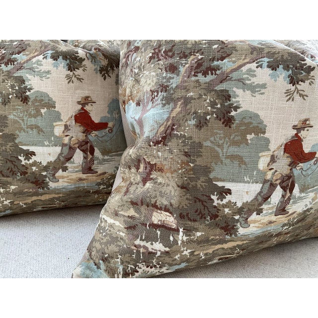Arts & Crafts Avondale Vintage Fishing Toile-Pair of Down Filled Pillows For Sale - Image 3 of 3