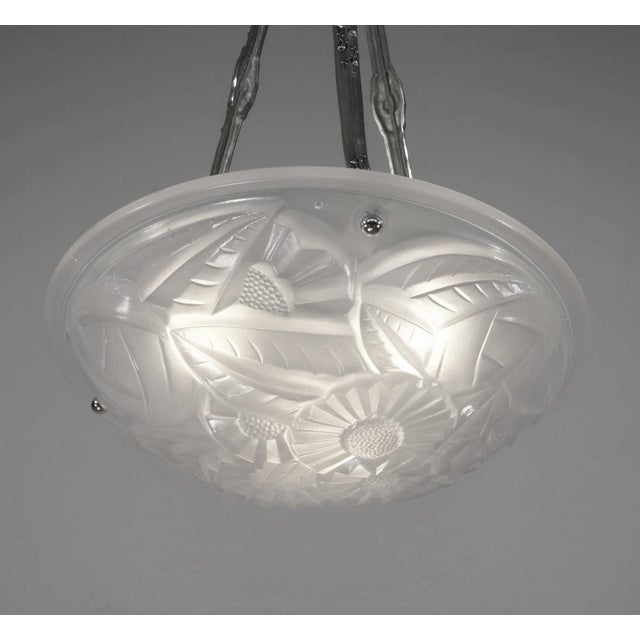 Metal Degue French Art Deco Pendant Chandelier Circa 1930 - Frosted Glass & Nickeled Bronze For Sale - Image 7 of 10
