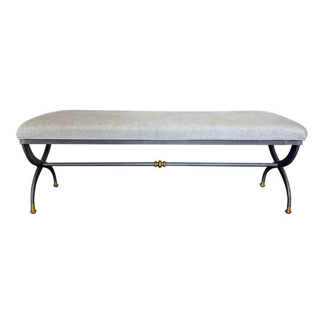 Restoration Hardware Artisan Crafted Vintage Iron and Belgian Linen Bench For Sale