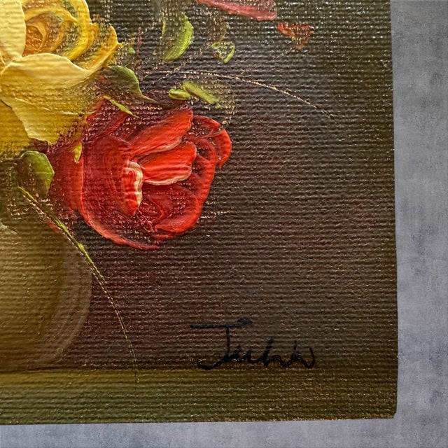 1960s Vintage Floral Oil Painting Original Signed Rose Still Life Small Canvas 1960s For Sale - Image 5 of 6