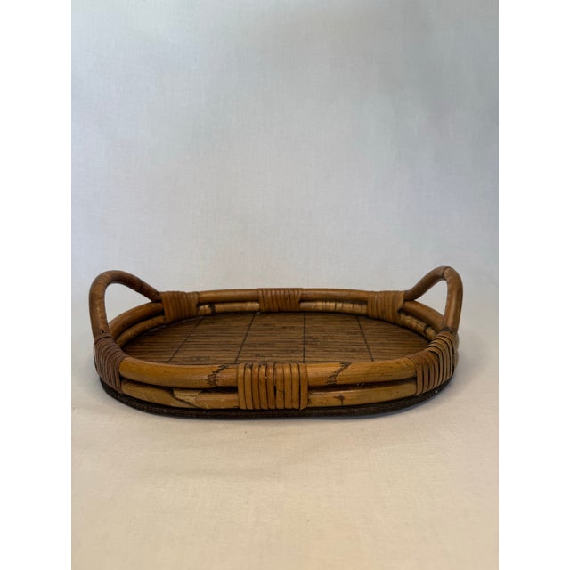 Nautical Vintage Bamboo & Pencil Reed Rattan Double Handle Serving Tray in the Style of Gabriella Crespi For Sale - Image 3 of 12