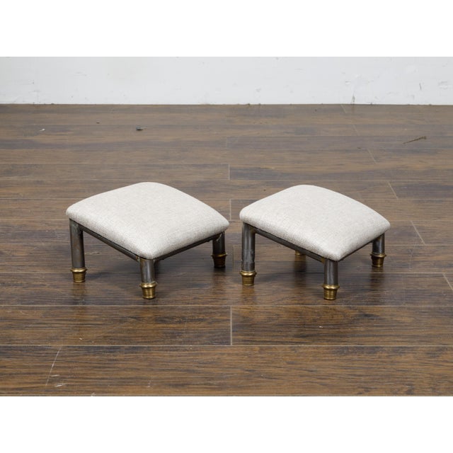 Pair of Vintage French Steel and Brass Footstools with Custom Linen Upholstery For Sale - Image 4 of 11