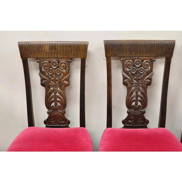 Traditional Antique Edwardian Floral Carved Mahogany Red Mohair Dining Chairs - Set of 4 For Sale - Image 3 of 11
