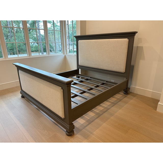 French Rh Restoration Hardware St. James Fabric Panel King Bed W/Footboard - Antiqued Graphite & Sand Belgian Linen For Sale - Image 3 of 12