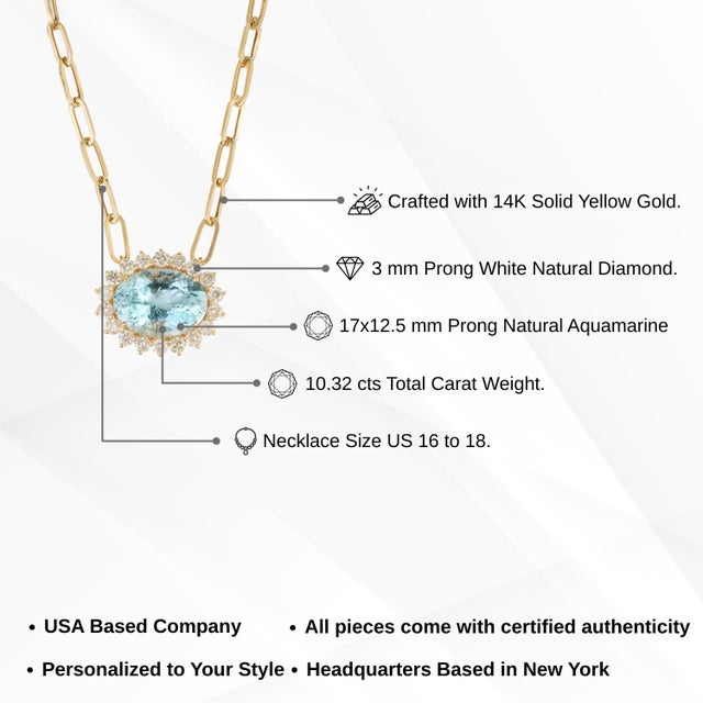 Authentic 10.32ct Aquamarine 1.95ct Diamond Halo Pendant Necklace in 14k Yellow Gold For Sale - Image 12 of 16