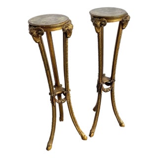 Vintage Neoclassical-Style Carved Ram Head Giltwood Pedestals/Gueridon Stands - A Pair For Sale