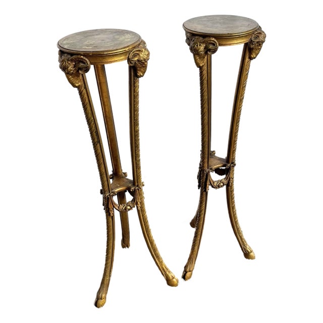 Vintage Neoclassical-Style Carved Ram Head Giltwood Pedestals/Gueridon Stands - A Pair For Sale