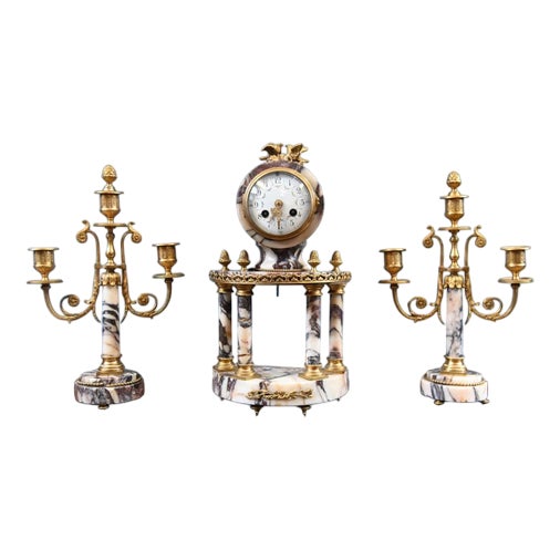 Louis XVI Clock Set in Marble with Gilt Candelabras, 1890, Set of 3 For Sale