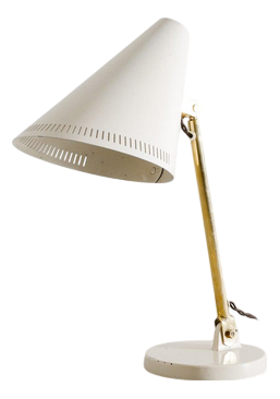 Finnish Mid-Century 9222 Desk or Table Lamp in White Lacquered Metal and Brass by Paavo Tynell, 1940s