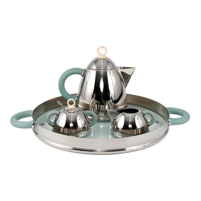 Vintage 2000s Postmodern Wear Stainless Steel Coffee Serving Set With Creamer, Sugar, Spoon, & Round Glass Tray by Michael Graves For Sale