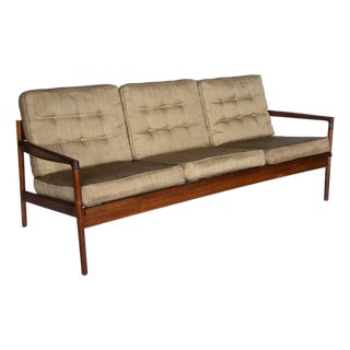 Ib Kofod Larsen for Selig Picket Back Sofa, Danish MCM Walnut Frame Couch For Sale
