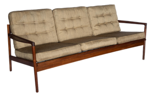 Ib Kofod Larsen for Selig Picket Back Sofa, Danish MCM Walnut Frame Couch