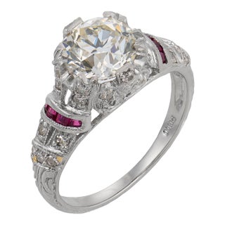 Art Deco Style Gia 1.63 Old European Cut Diamond Ruby Platinum Engagement Ring, Size 6.75 For Sale