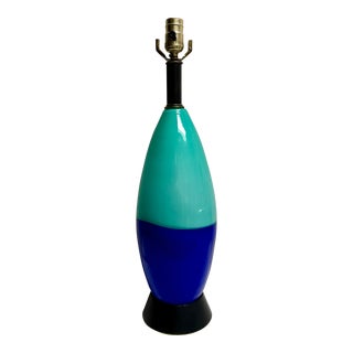 Mid-Century Two Tone Turqoise Royal Blue Color Blocked Glass Lamp For Sale
