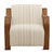 Chenille upholstered arm chair with striped textured pattern and cream coloring. Curved ribbon-like oak wood arms in warm...