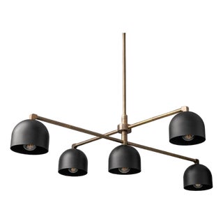 Mid-Century Modern Brass Dome Chandelier, 5-Light Black Pendant Lighting, Mid Century Dining Room Fixture For Sale