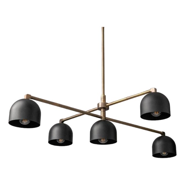 Mid-Century Modern Brass Dome Chandelier, 5-Light Black Pendant Lighting, Mid Century Dining Room Fixture For Sale