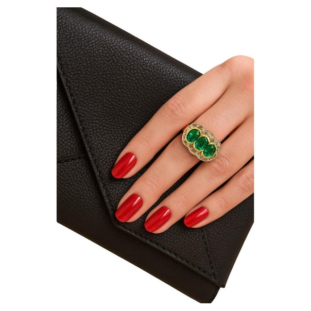 Bochic “Capri” Vintage Natural Diamond & Emerald Retro Ring Set In 18K Gold & Silver For Sale - Image 4 of 13