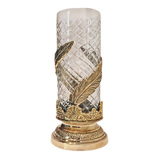 Vintage Regency Brass and Diamond Etched Glass Hurricane Candle Holder Lantern For Sale