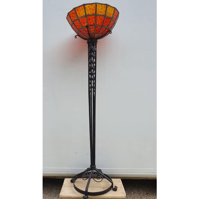 Art Deco Lamp in Forged Iron and Red Stained Glass, 1930 For Sale - Image 13 of 14