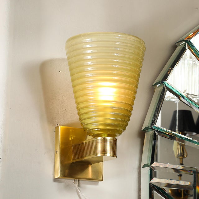 Metal Modernist Hand-Blown Smoked Peridot Hive Form Murano Glass & Brass Sconces For Sale - Image 7 of 12