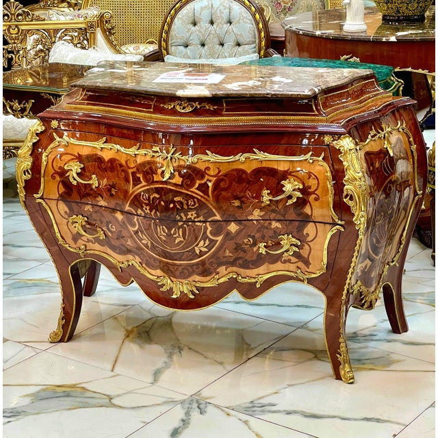 Rococo Rococo Marble Top Dresser With Hand-Carved Wood Frame, Two Spacious Drawers & Hand-Gilded Gold Leaf Details For Sale - Image 3 of 4
