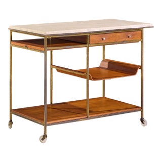 Paul McCobb for Calvin Irwin Collection Model C9203 Mid Century Travertine, Brass and Mahogany Bar Cart For Sale