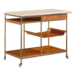 Paul McCobb for Calvin Irwin Collection Model C9203 Mid Century Travertine, Brass and Mahogany Bar Cart